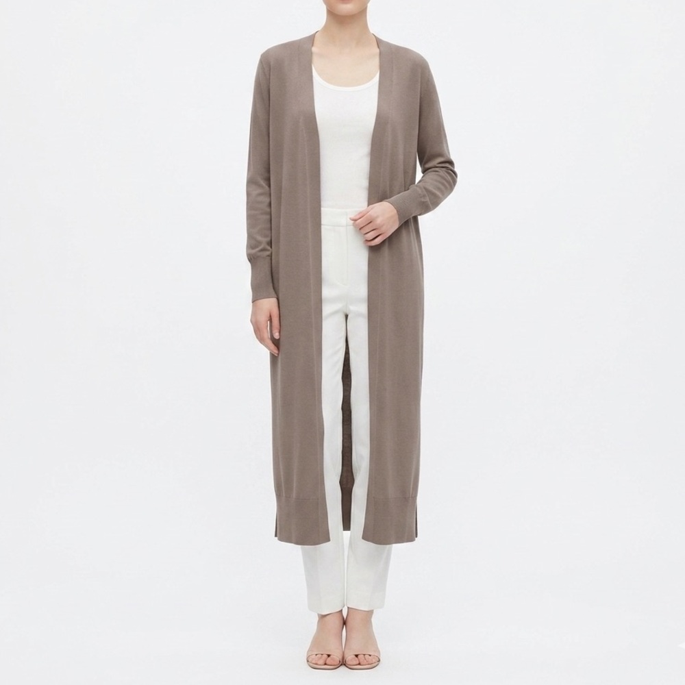 ZARA Longline Ribbed Knit Maxi Duster Cardigan Quiet Luxury Taupe Sweater
